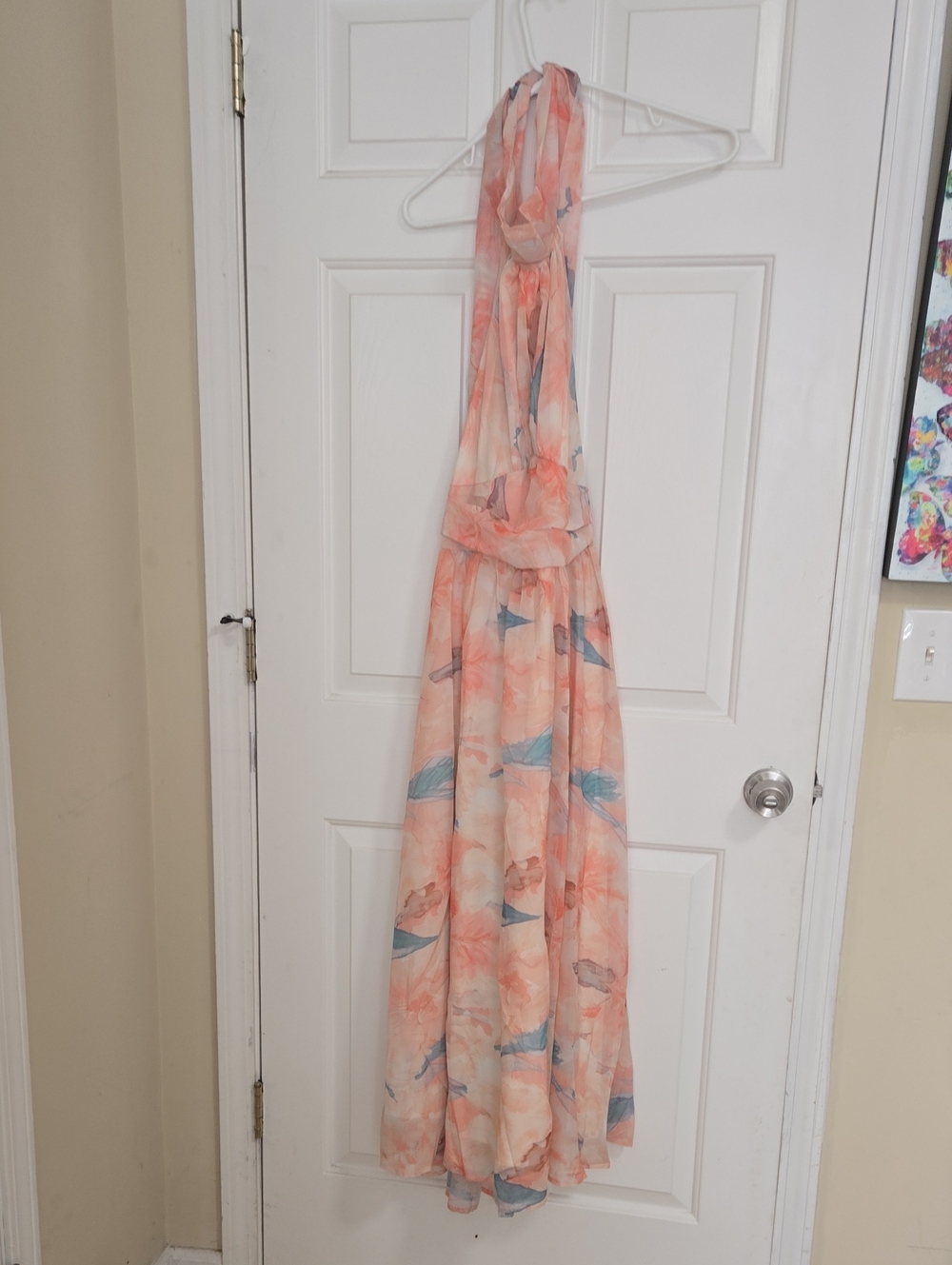 Peach Floral Halter Maxi Dress with Blue Accents